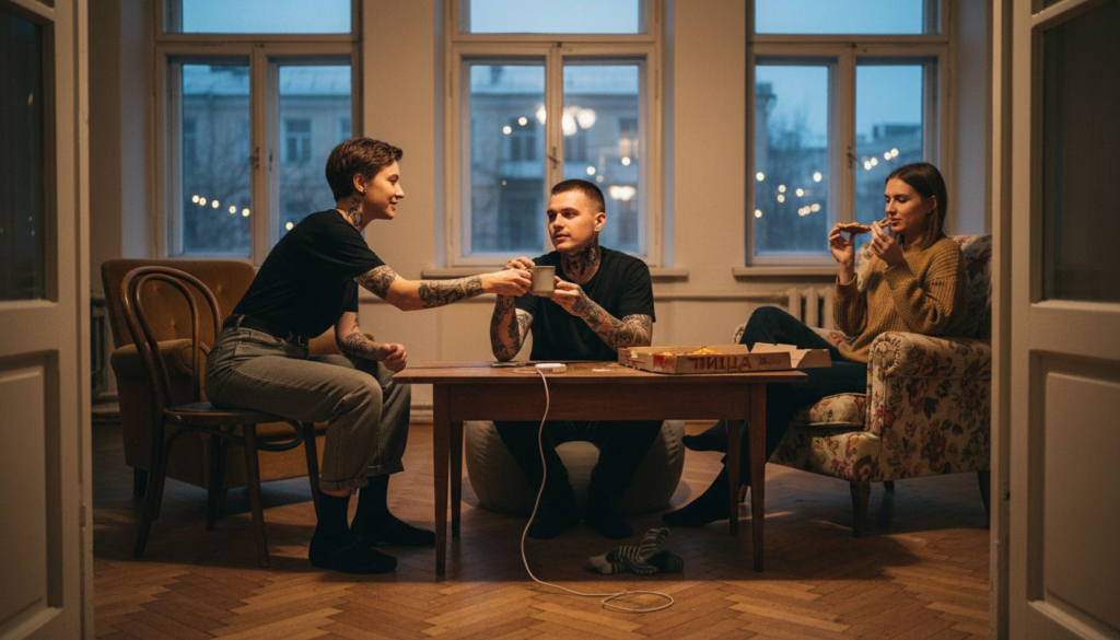 Молодые ребята с татуировками весело болтают между собой.